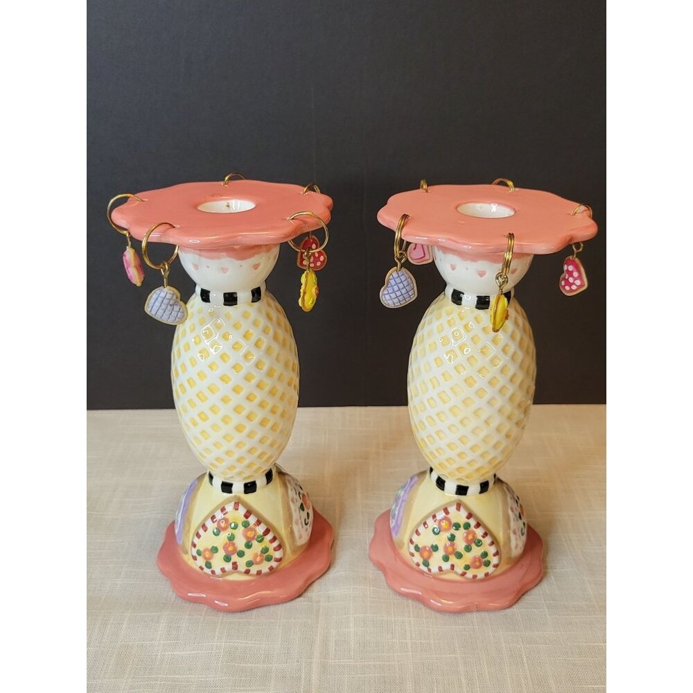Vintage Pair ME Mary Englebreit Ceramic Candle Holders W/ Dangling Heart Charms